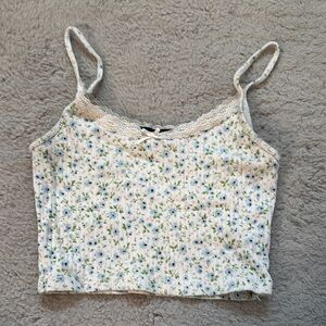 Brandy Melville White and Blue Fitted Sleeveless Cropped Camisole